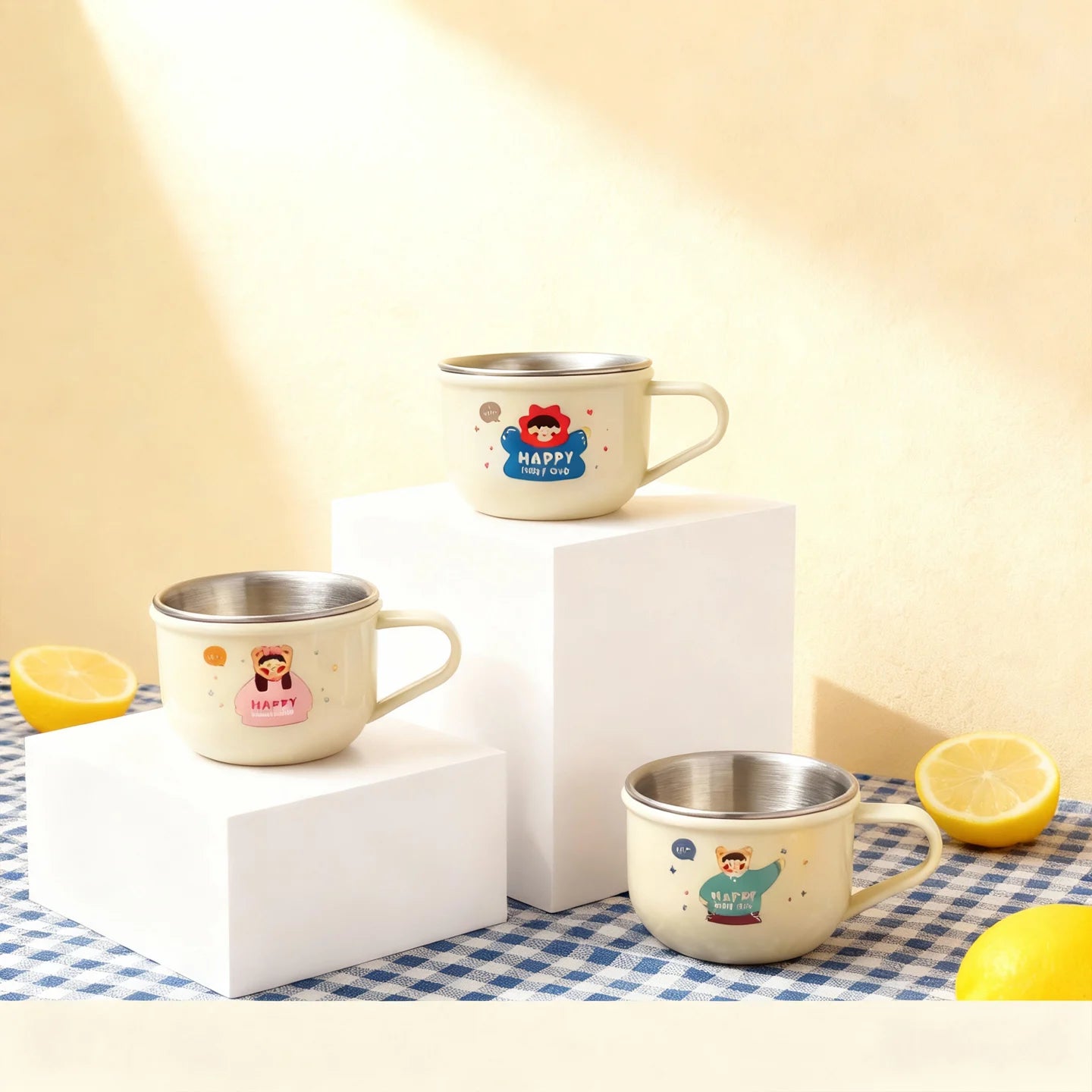 Plastic/304 Stainless Steel Kids Mug Thicked Durable Mini Water Cup With Handle Portable Cute Cartoon Children Drinking Cup