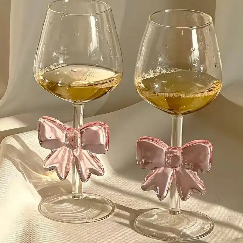 Pink Bow Glass Mug Decor Glass Cup Goblet Bow Handle Glasses Wine Cocktail Glass Dessert Ice Cream Bowl Drinking Glass