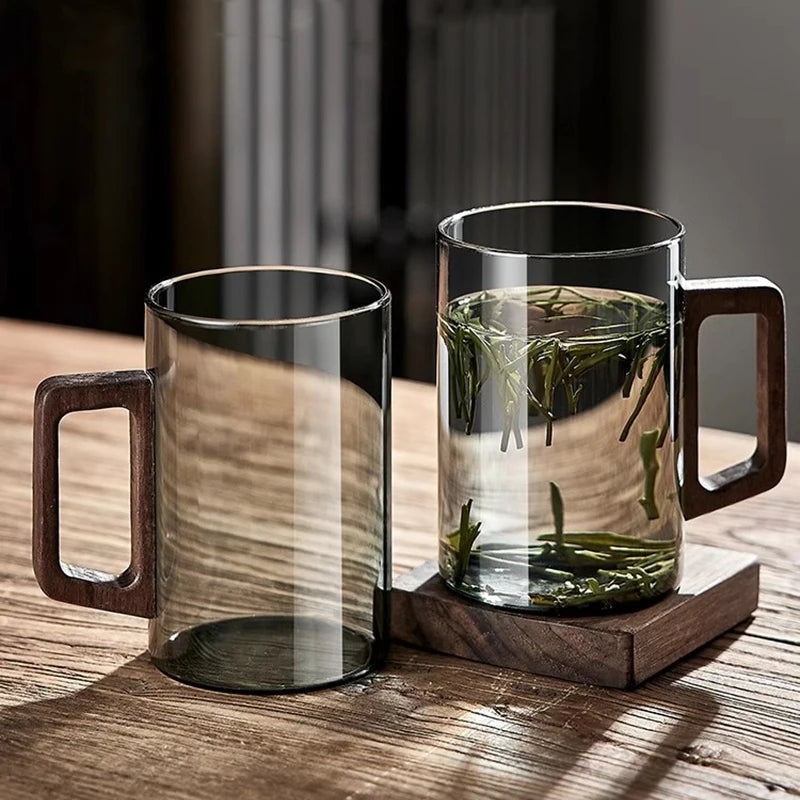2/4/6pcs Glass Cups With Walnut Handle 300ml Coffee Mug Heat-resistant Tea Making Cup Household Office Drinking Glasse Set