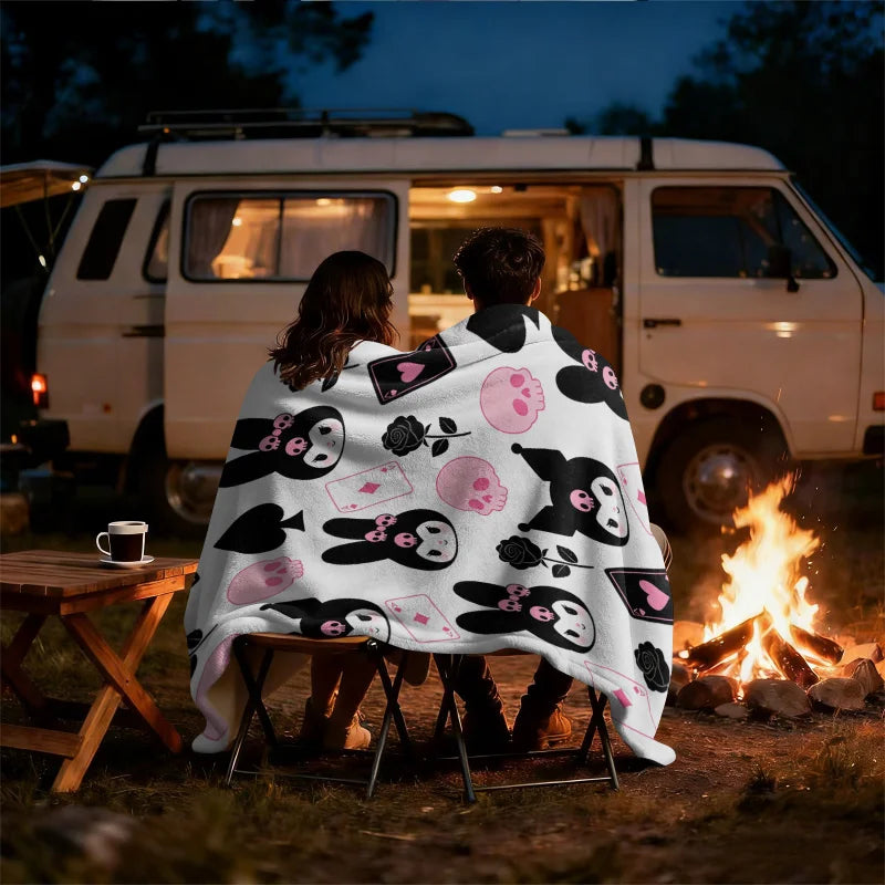 Kuromi Sanrio Flannel Throw Blanket Gothic Kawaii Card Skull Print Soft Warm Blanket for Girls Anime Home Decor Sofa Bed Blanket