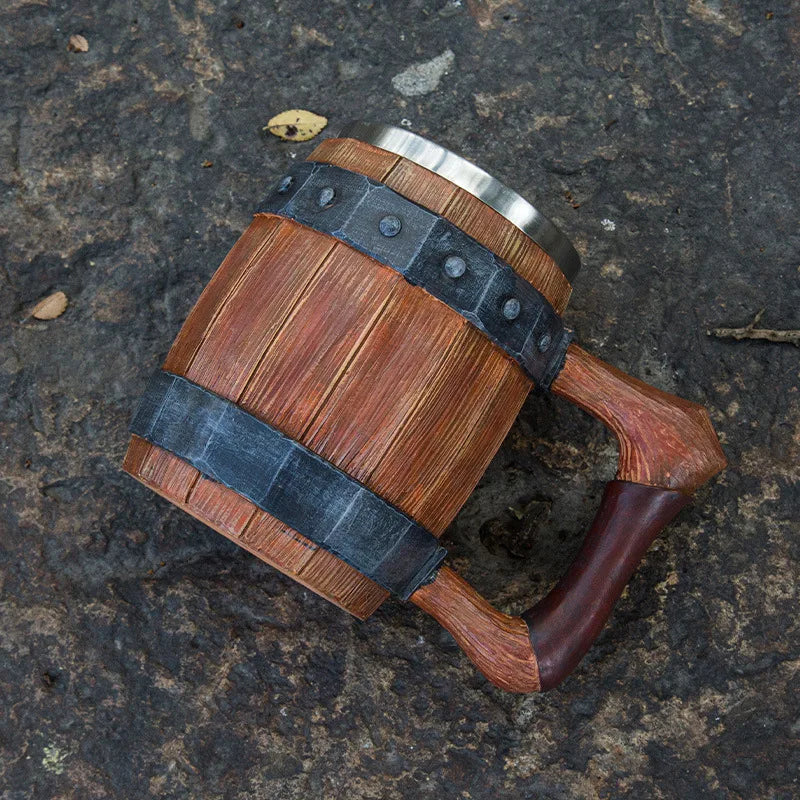 New Wooden Barrel Beer Cup Creative Large Capacity Bar Mug Water Cup Personalized Imitation Wood Stainless Steel Cup