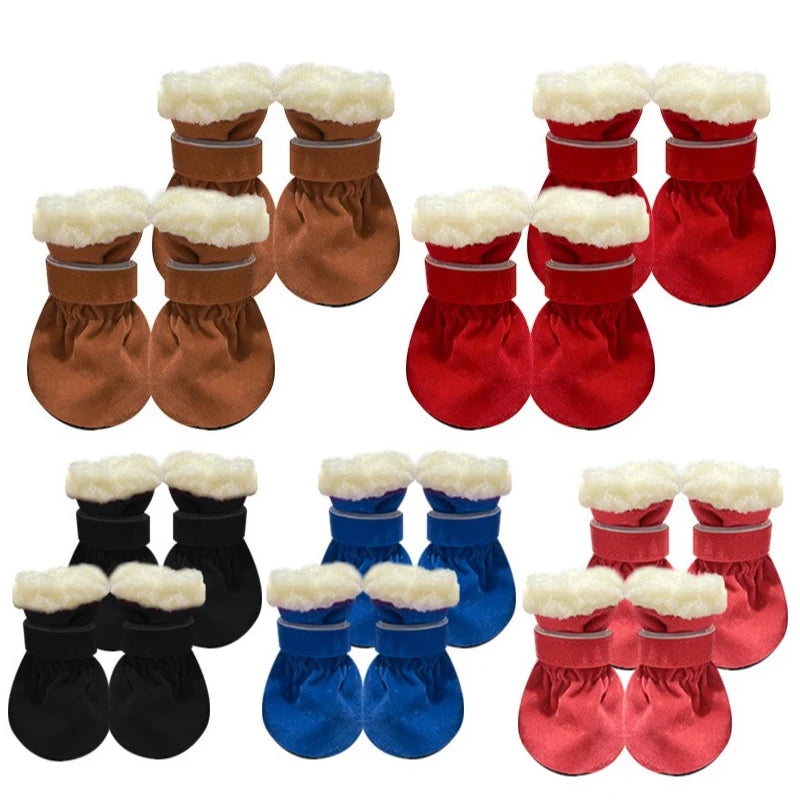 4pcs Winter Thick Warm Dog Shoes Soft Plush Non-slip Waterproof Snow Boot Puppy Outdoor Walking Pet Accessories Dog Socks Bootie