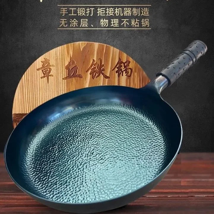 Authentic Zhangqiu Iron Pan Official Flagship Hand-Forged Flat-Bottom Non-Stick - Healthy Stir-Fry & Steam Cookware for Home