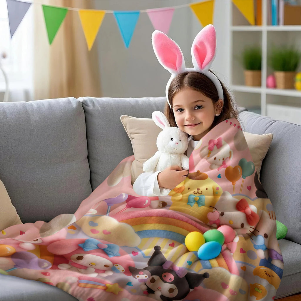 Cute Sanrio Characters Flannel Blanket Pink 3D Plush Rainbow Pattern Soft Plush Throw for Bed Sofa Hello Kitty Kuromi All Season