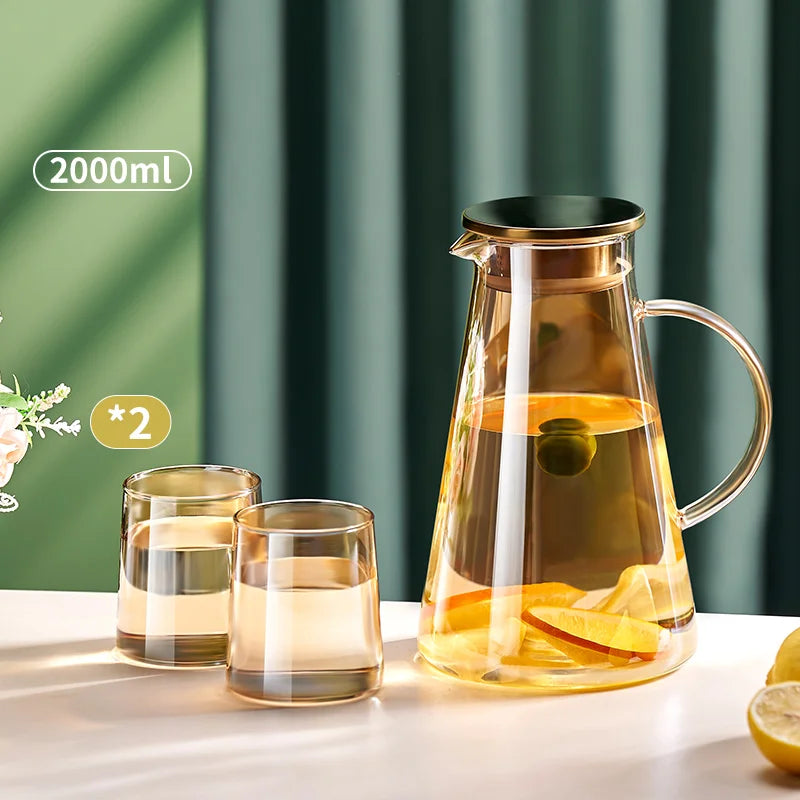 Water Jug Transparent Heat-Resistant Glass Cold Water Kettle And Cups Water Pot With Handle Large Capacity Office Household Jug