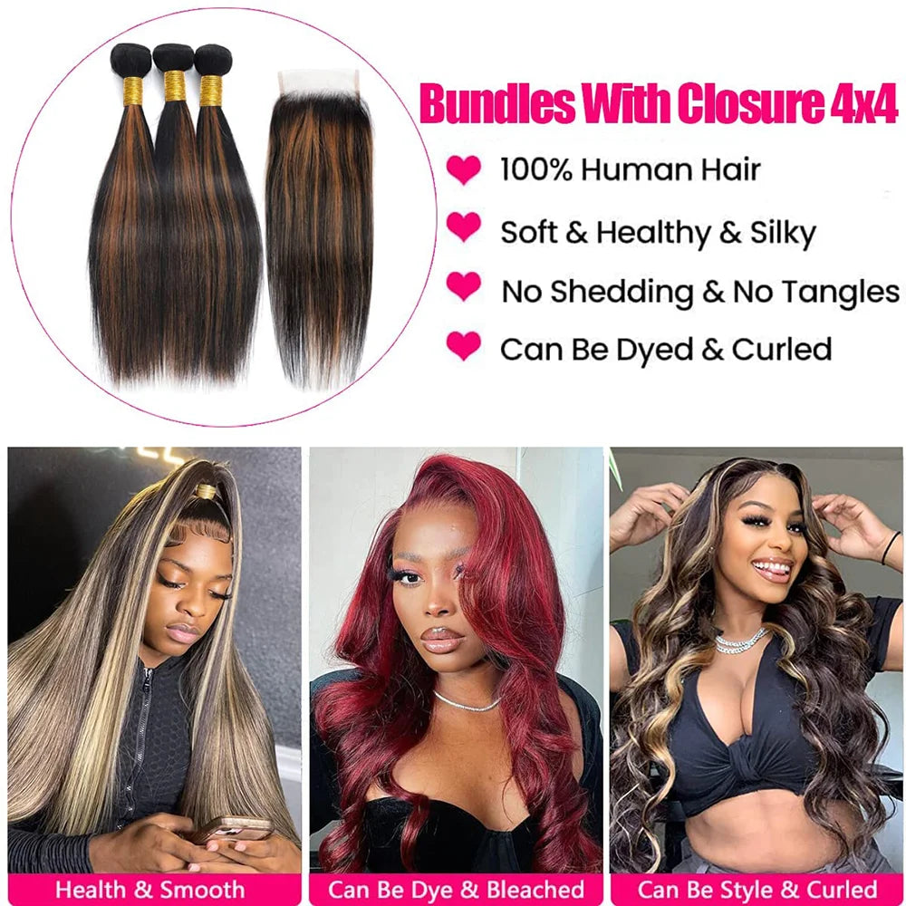 Highlight Human Hair Bundles with 4x4 Closure 12A Straight Bundles Human Hair Weft With Closure 100% Burmese Remy Hair Extension