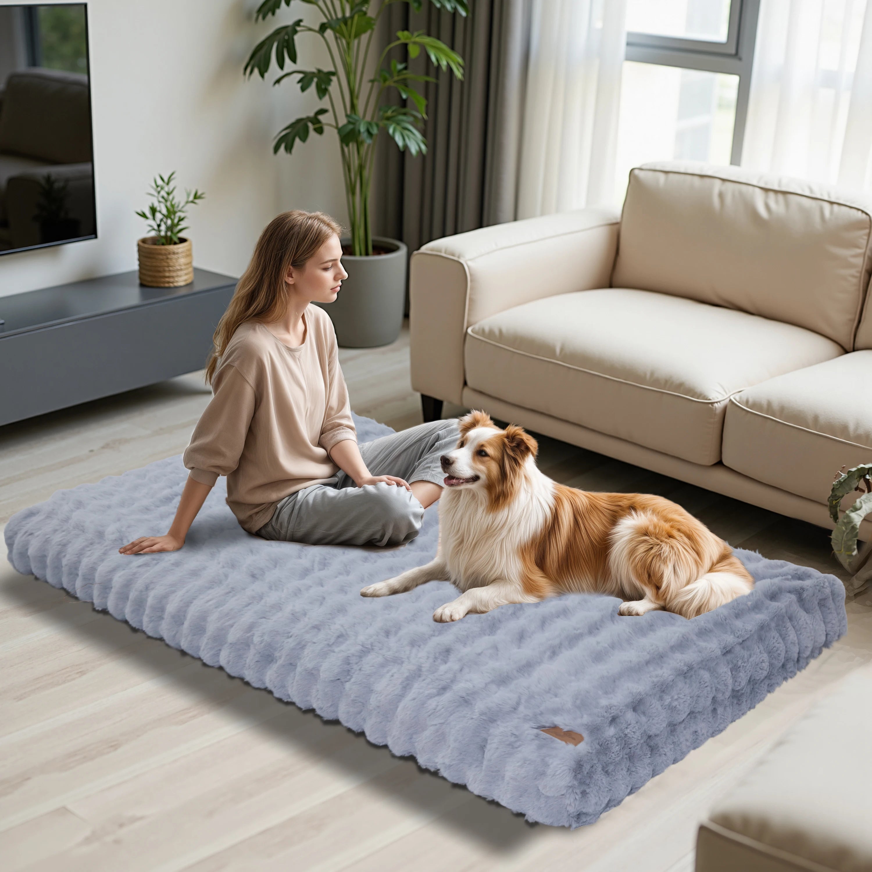 Fluffy Dog Crate Bed for Extra Large Dogs, Plush Faux Fur Crate Pad, Calming Anti Anxiety Dog Bed, Washable Soft Warm Crate