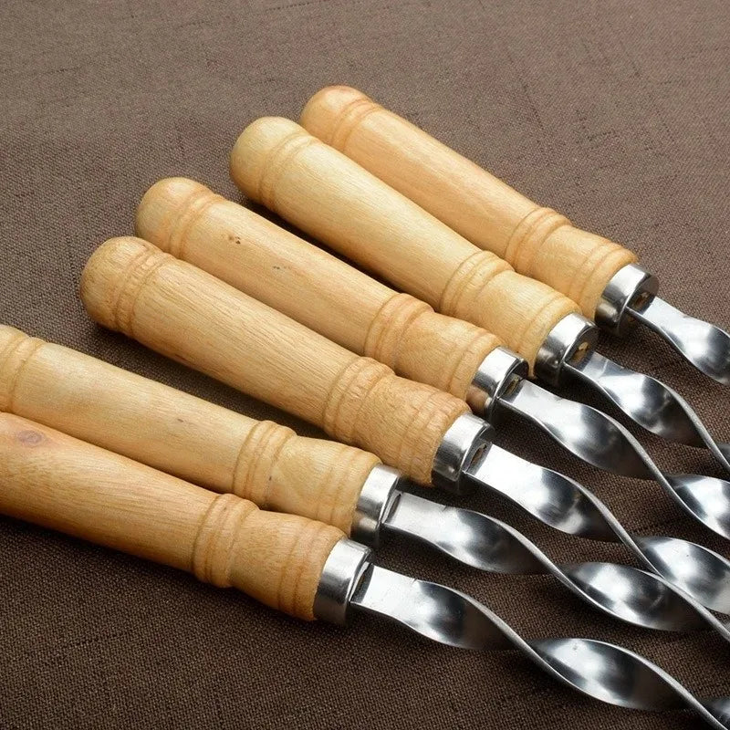 Stainless Steel Barbecue Skewers Long Handle 55cm Wooden Barbecue Handle Large Flat Stick Outdoor Picnic Barbecue Tools