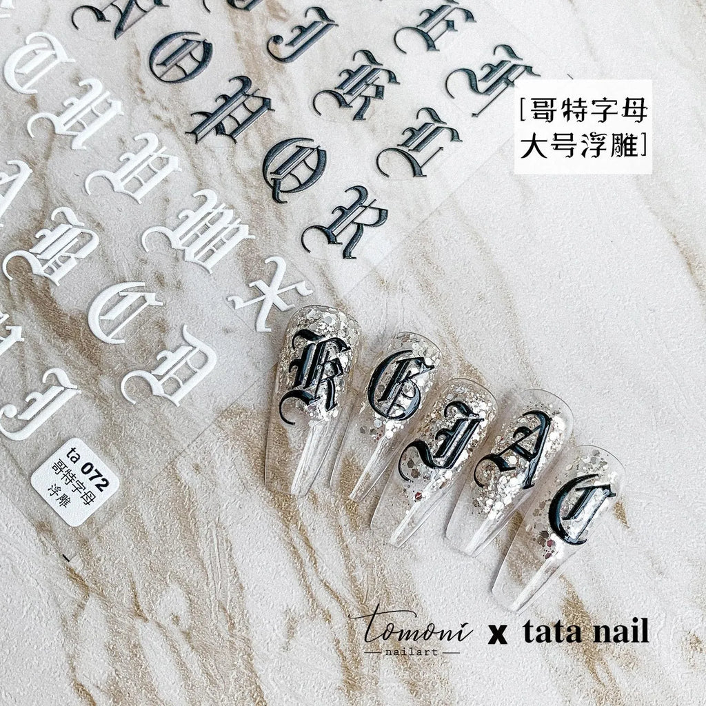 Gothic black and white English letters 5D embossed self-adhesive exquisite nail art stickers high quality nail decoration