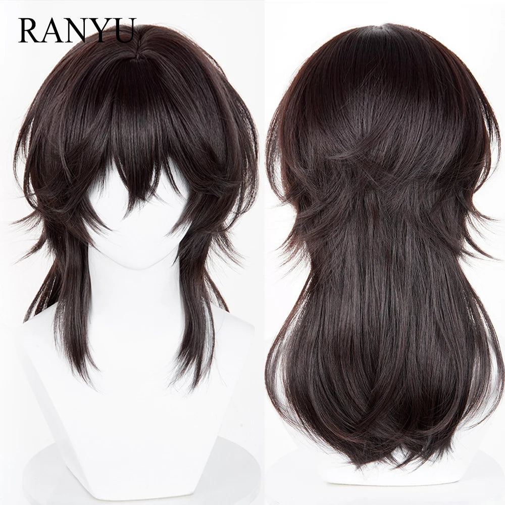 Brown Mullet Head Long Straight Synthetic Wigs with Bangs Fluffy Anime Game Cosplay Wig for Daily Party