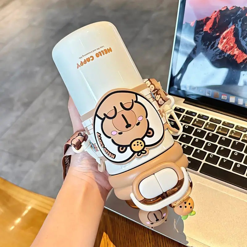 Capybara Children's Straw Insulated Cup for Kids 316 Stainless Steel Cartoon Double Drinking Diagonal Cross Travel Water Bottle