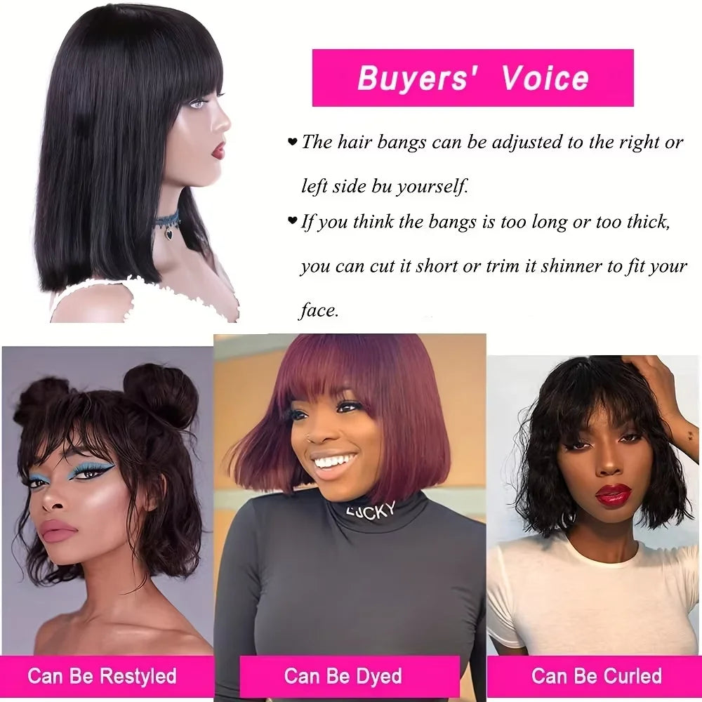Straight Short Bob Human Hair Wigs With Bangs Full Machine Made 3x1 Lace Middle Part Fringe Bob Wig For Women