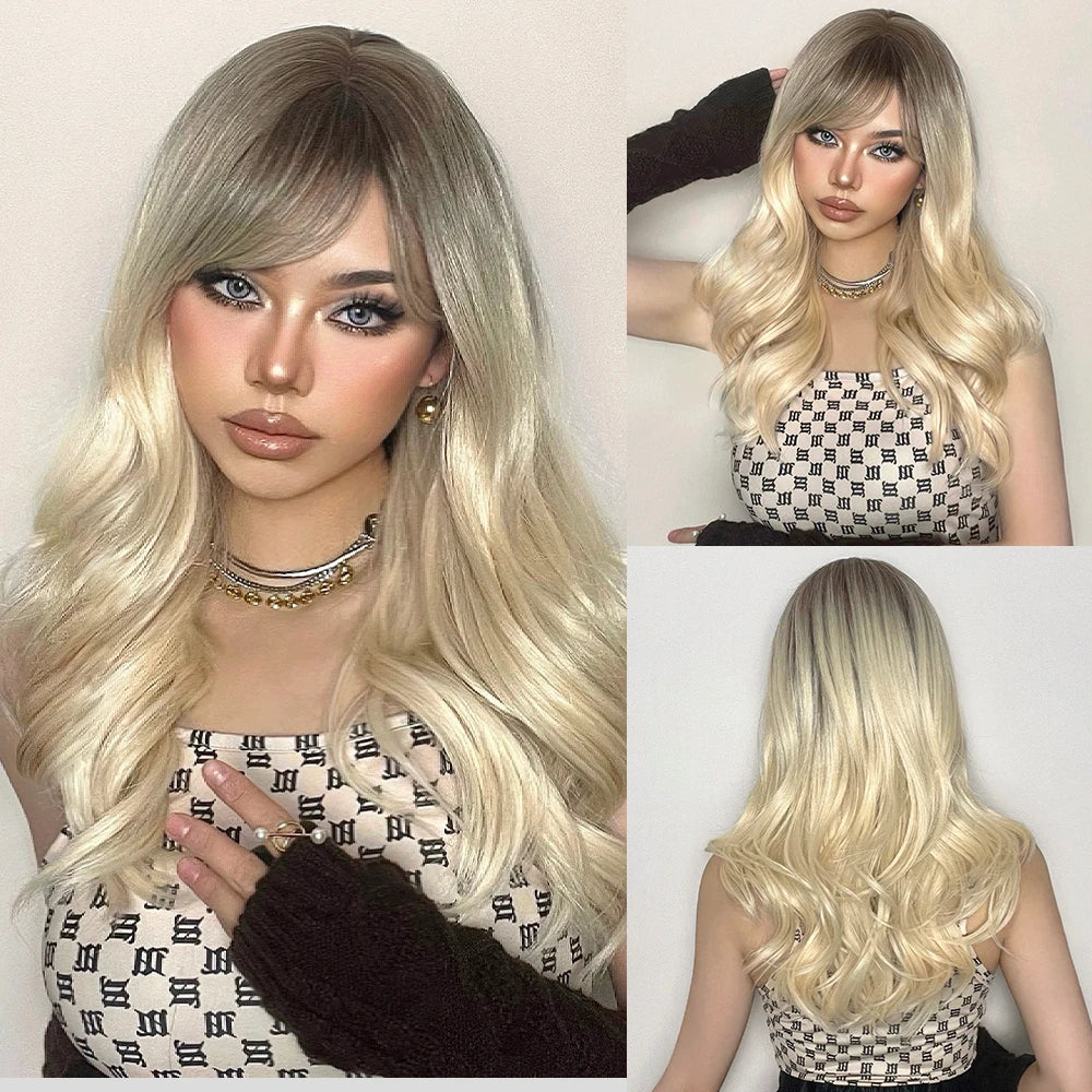 HENRY MARGU Long Wavy Blonde Synthetic Wigs Platinum Daily Natural Hair Wigs With Bangs Cosplay Wig for Women Heat Resistant
