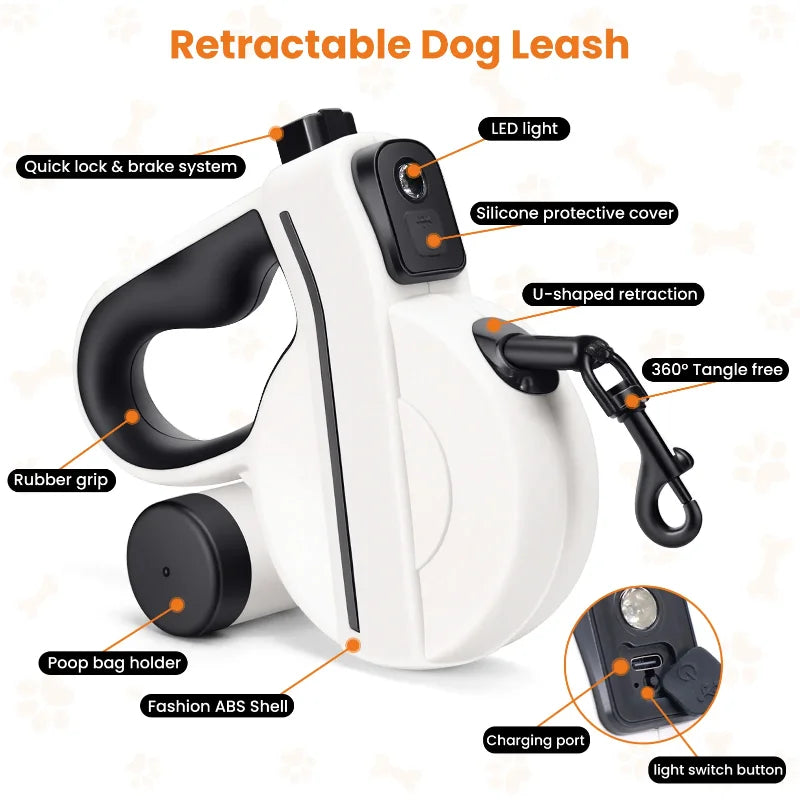 LED Retractable Dog Leash, Reflective & Tangle-Free with Poop Bag Holder for Night Safety, Black