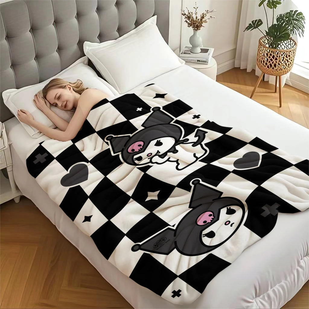 Kuromi Flannel Blanket Black White Checkerboard Cartoon Pattern Cozy Plush Throw for Bed Sofa Multi-purpose for Sofa Bed Office