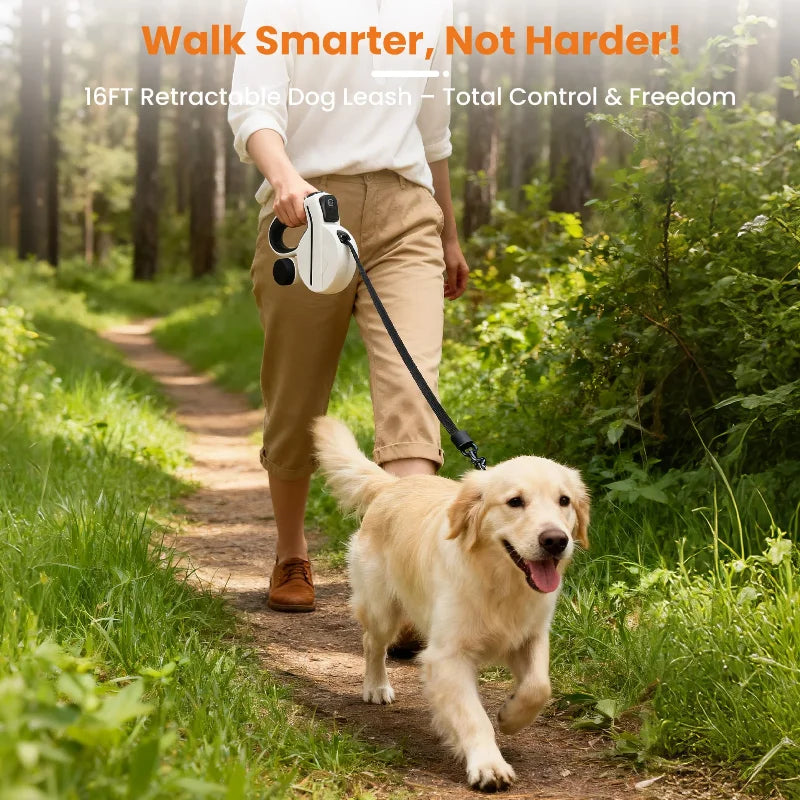 LED Retractable Dog Leash, Reflective & Tangle-Free with Poop Bag Holder for Night Safety, Black