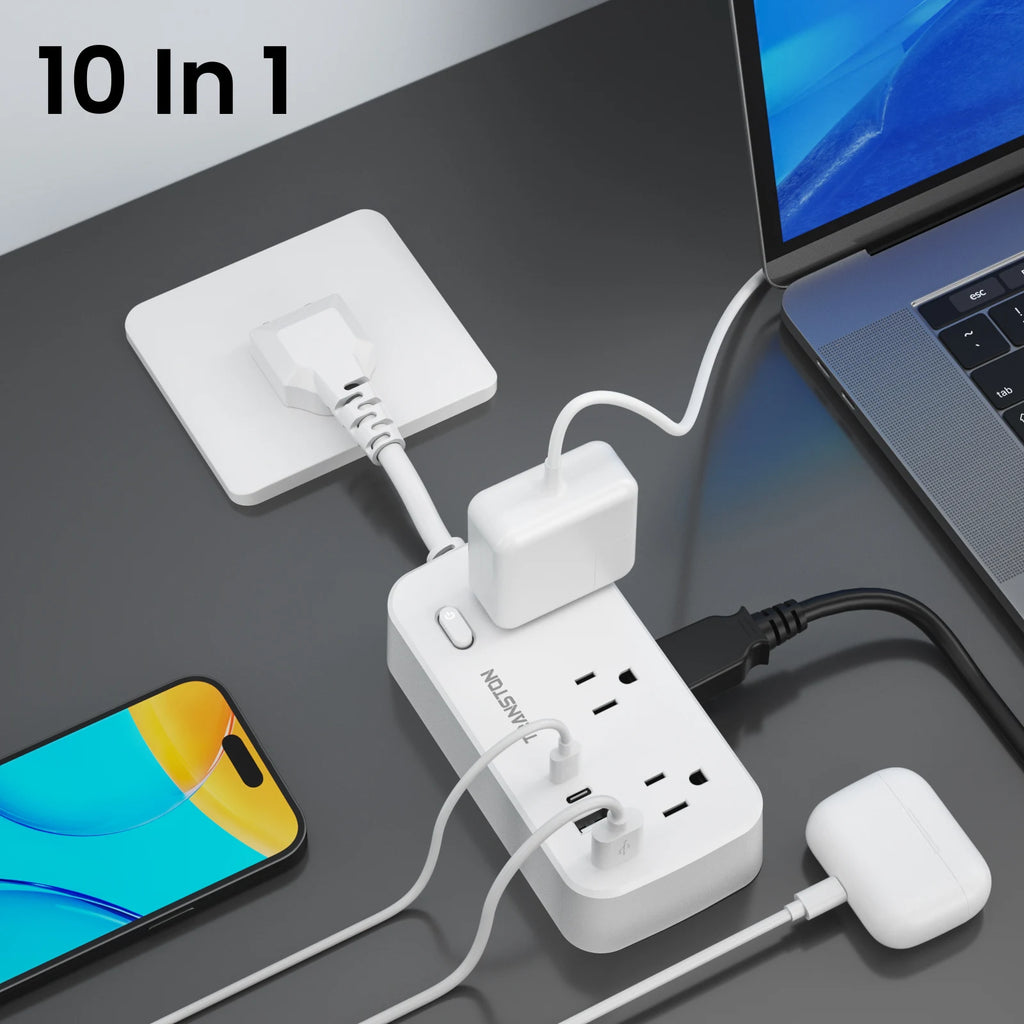 white，power strip surge protector with 6 AC Outlets,2 USB & 2 USB-C Fast Charging Ports,10 in 1,45°tilt plug,Advanced Protection