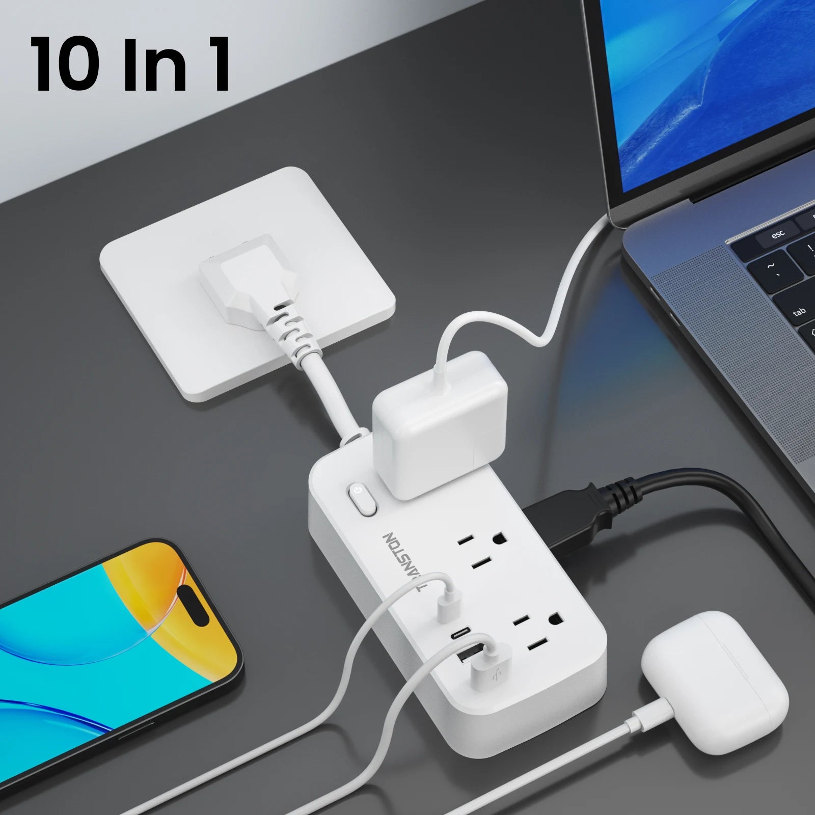 white，power strip surge protector with 6 AC Outlets,2 USB & 2 USB-C Fast Charging Ports,10 in 1,45°tilt plug,Advanced Protection