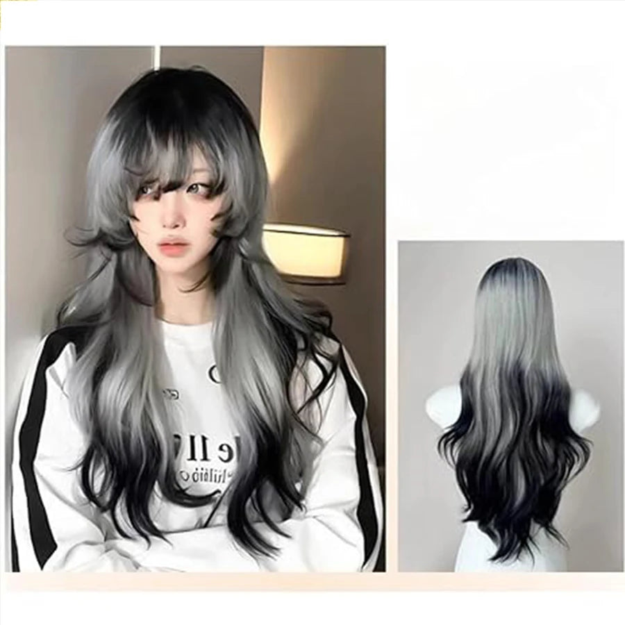 26-Inch Long Black And White Curly Waves Synthetic Hair Wig Soft Comfortable Rose Net for Everyday Parties Holidays