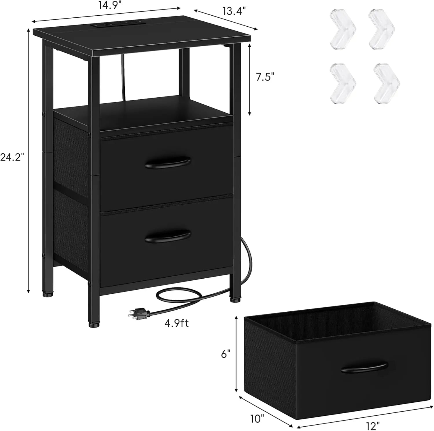 2-Piece LED Nightstand Set with Charging Station, Fabric Drawers & Storage Shelves for Bedroom