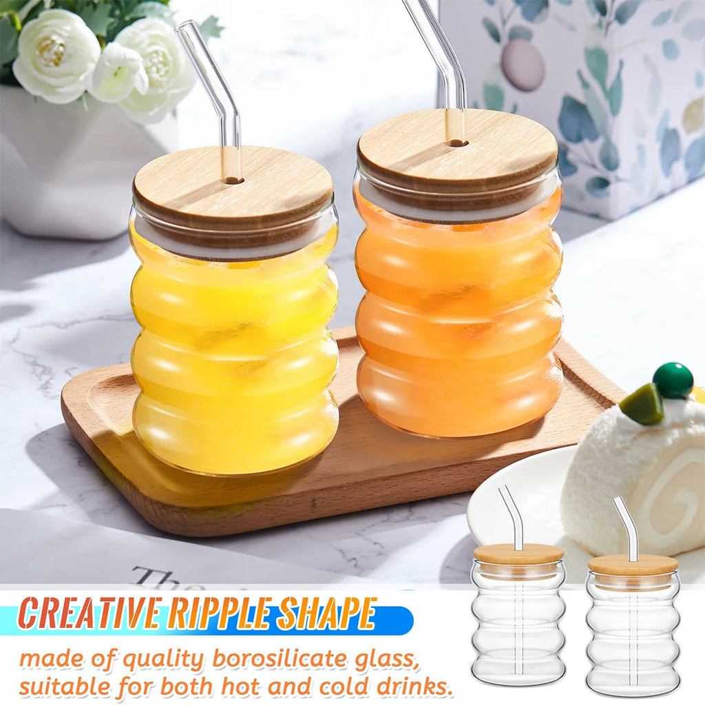 Leeseph 2pcs Creative Glass Cups with Lids and Straws Brush, Cute Cup Wave Shape Beverage Glasses for Juice Coffee Tea Ice Drink