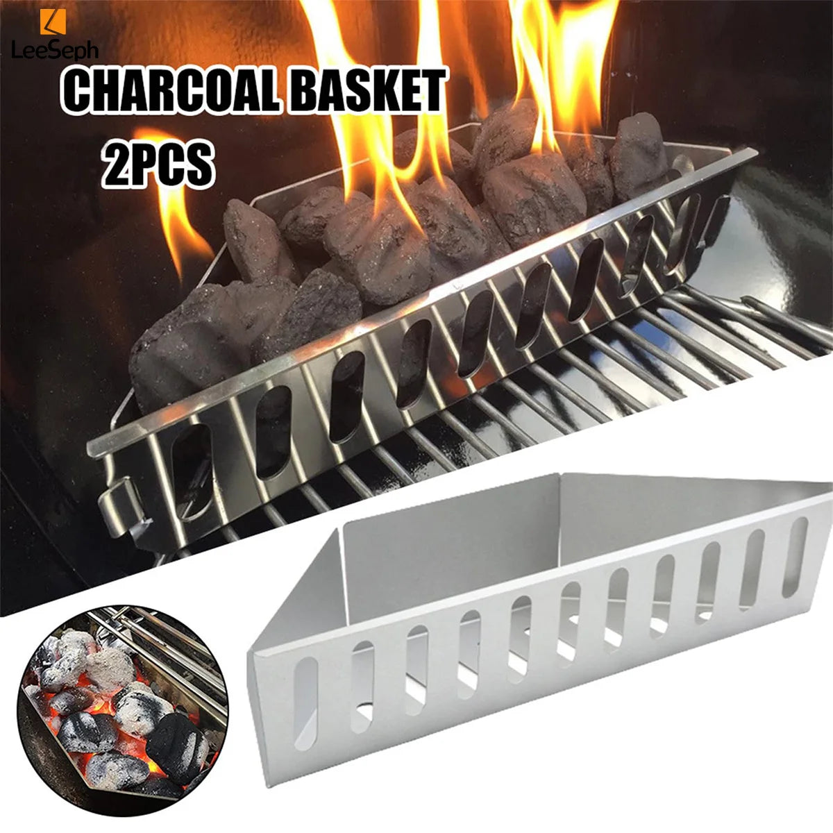 Leeseph Stainless Steel Charcoal Basket, BBQ Grilling Accessories for Grills and Kettles, Charcoal Grill Accessories
