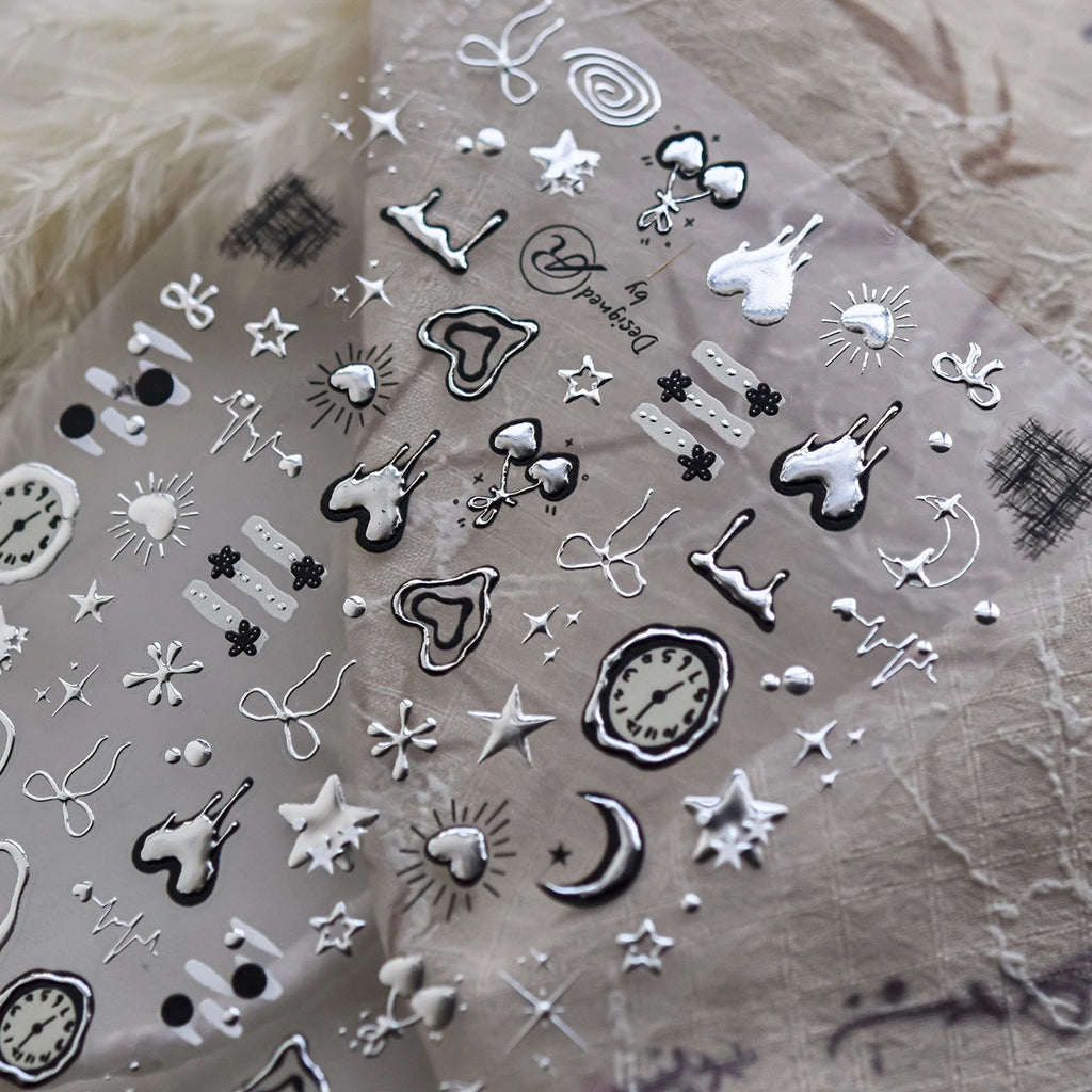Silver Lava Annual Ring Cherry Clock Watch Starburst Love Heart Rate Chart Moon Star Line  Bowknot Line Nail Art Stickers Decals