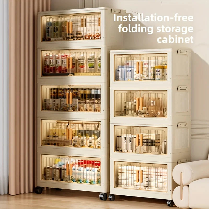 3/4/5-Tier Foldable Cabinet - Plastic Lidded Storage Box, Stackable w/Wheels, for Closet/Bedroom/Office/Kitchen, Decor & Rack