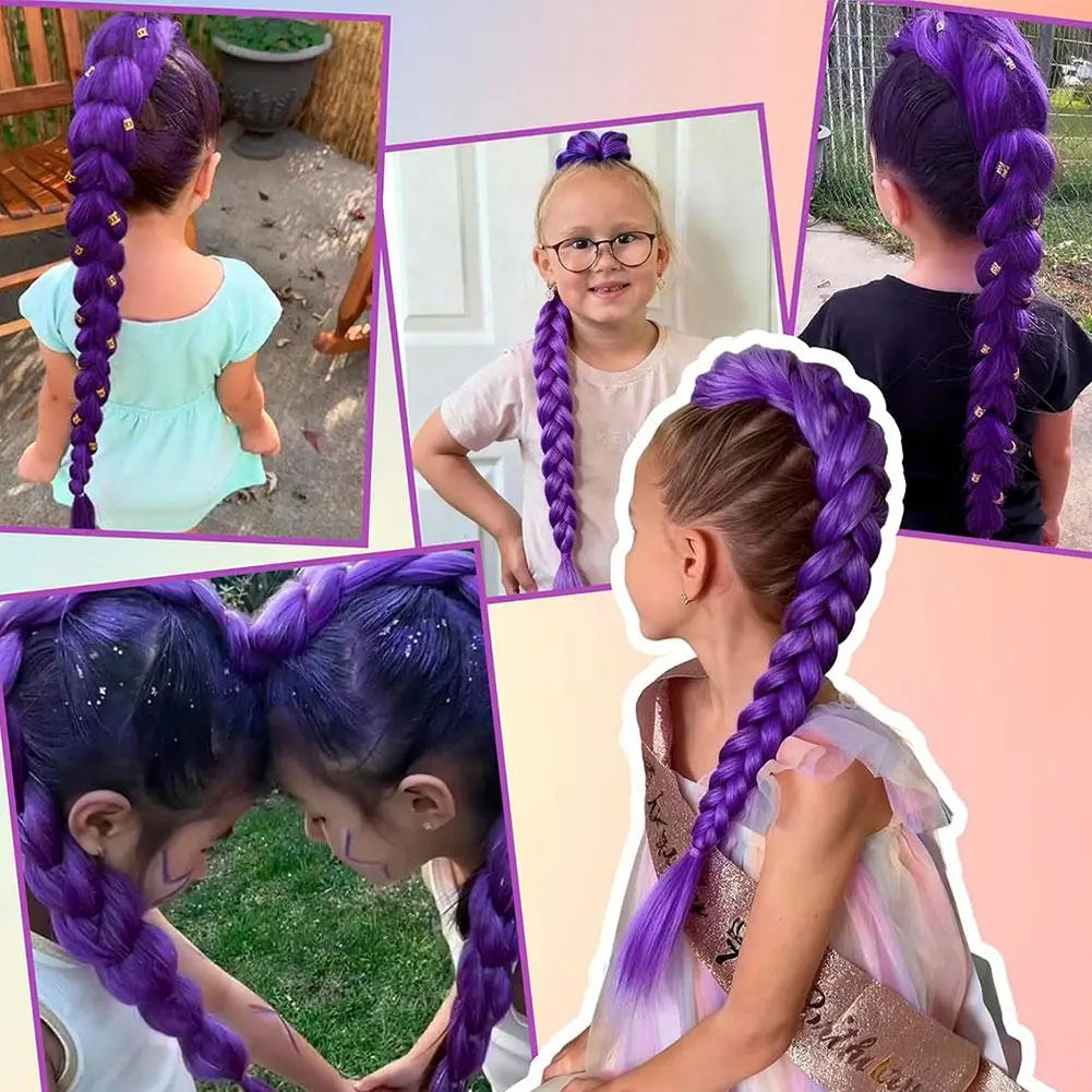 66cm Purple Braided Hair Ponytail Extensions for Kids Cosplay Long Purple Braids Rumi Hairstyle for Kids Christmas Party Use