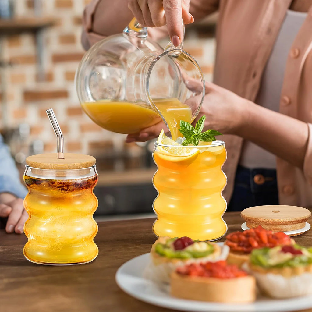 Leeseph 2pcs Creative Glass Cups with Lids and Straws Brush, Cute Cup Wave Shape Beverage Glasses for Juice Coffee Tea Ice Drink