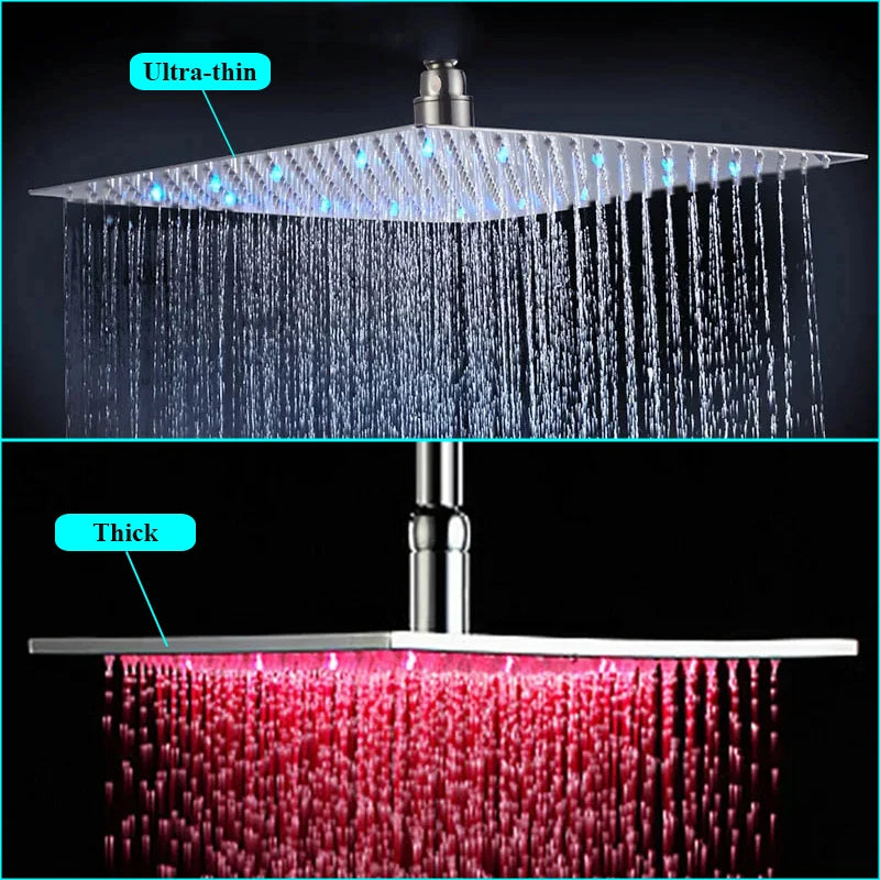 SHBSHAIMY Black Shower Head LED Light Large Rainfall Chrome Rainfall Faucet Bathroom Tap Stainless Steel Square Sprayer Tap