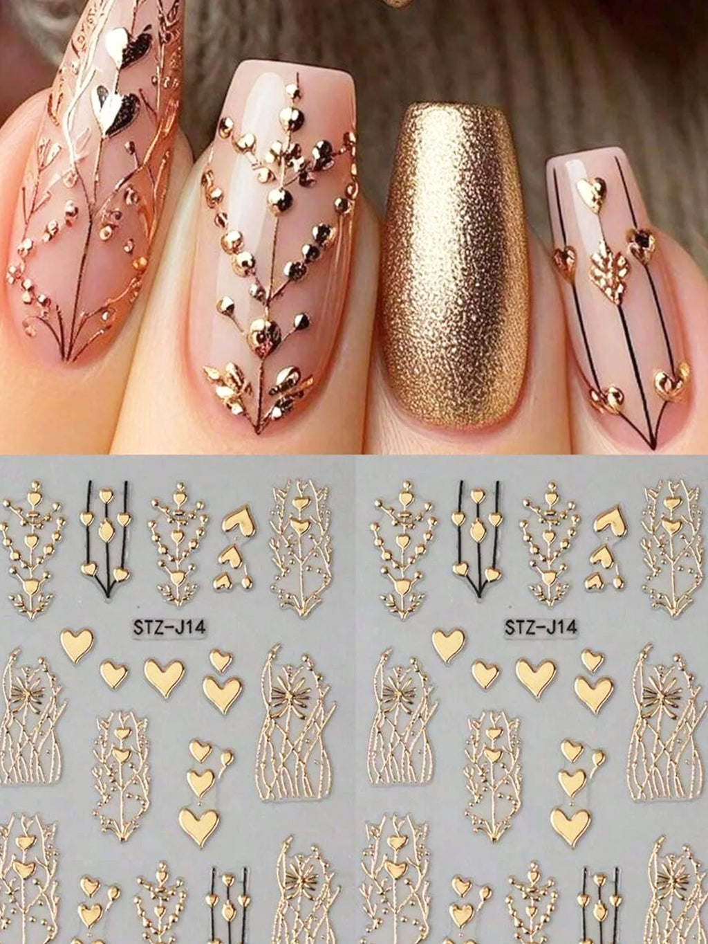 2pcs 3D Bronzing Heart Stickers For Nails Metallic Golden Heart Designs Glitter Self Adhesive Nail Art Decals For Valentine's Da