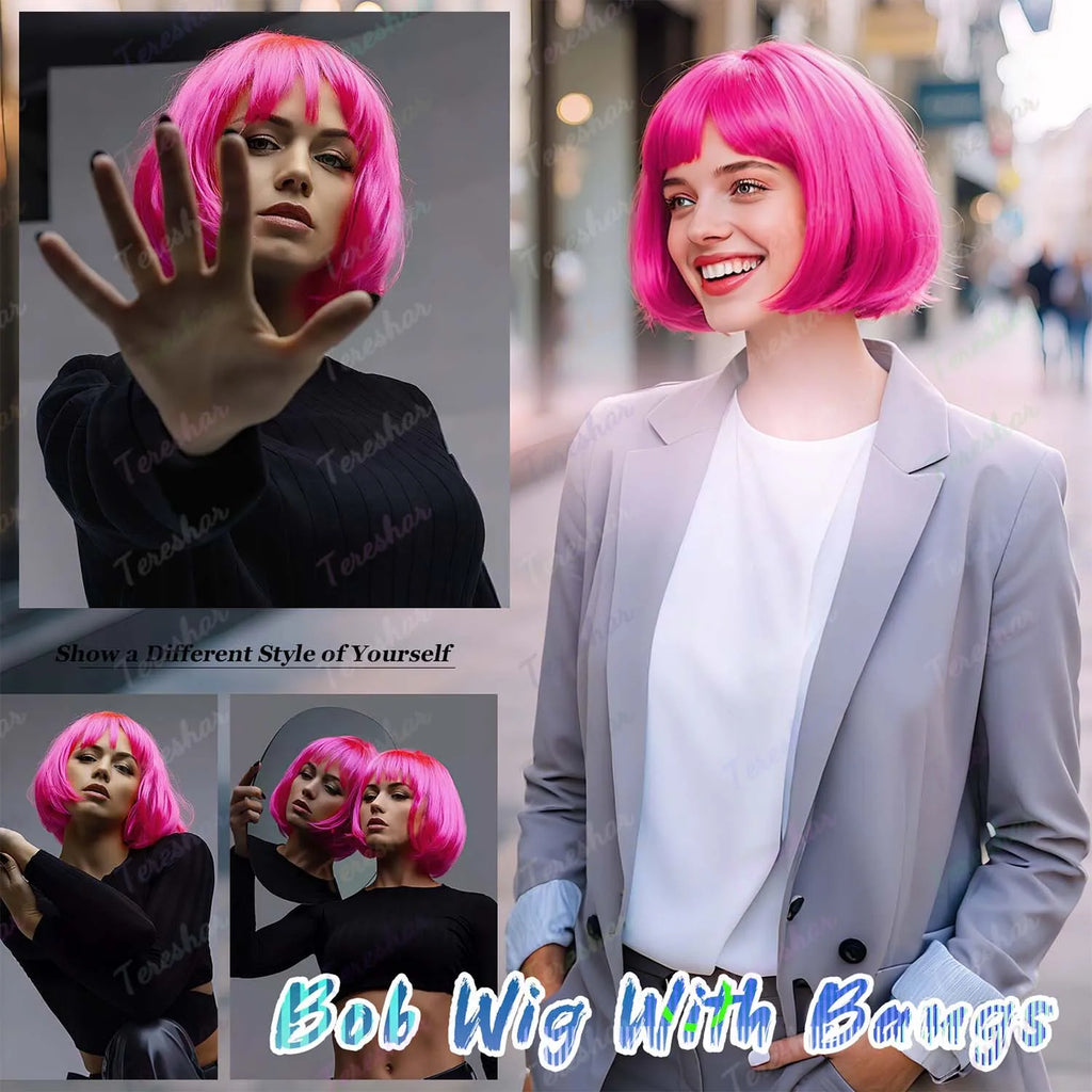 Synthetic Hot Pink Bob Wig+Sunglasses for Women Short Straight Neon Bob Wig with Bangs, 12" Colorful Funny Wig for Party Cosplay