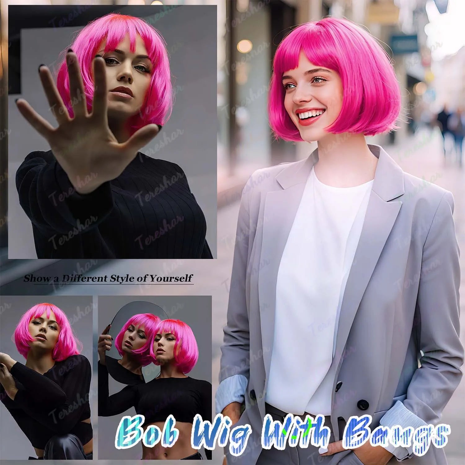 Synthetic Hot Pink Bob Wig+Sunglasses for Women Short Straight Neon Bob Wig with Bangs, 12" Colorful Funny Wig for Party Cosplay