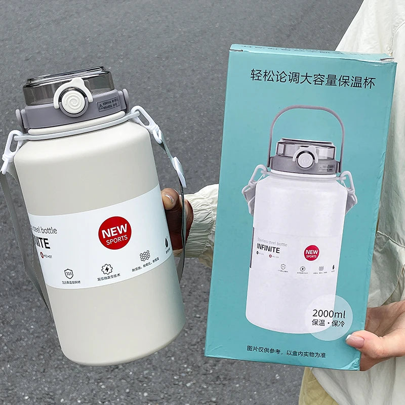 1pc 2000ml Large Capacity Stainless Steel Thermos Mug, Insulated Water Bottle with Handle & Straw, Leakproof Sports Water Jug fo