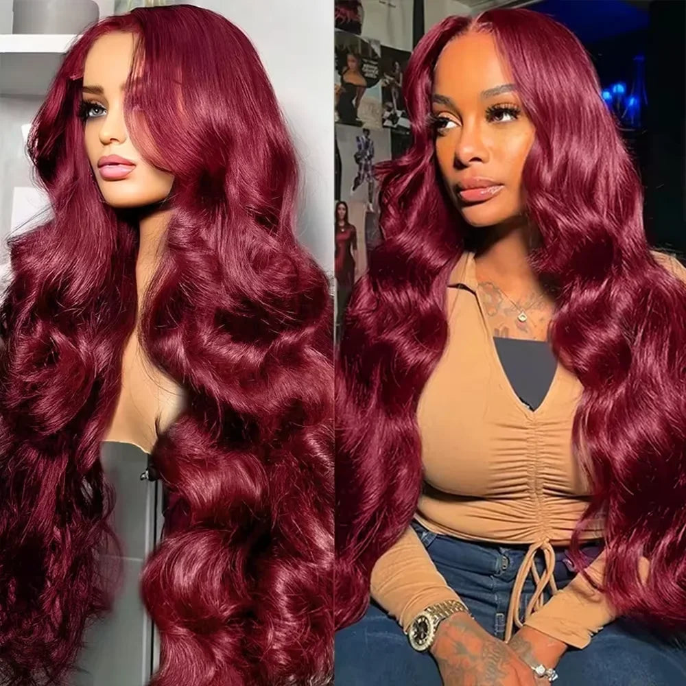 250% Density 99j burgundy 13x6 Lace Front Human Hair Body Wave 13x4 30 36 Inch Red Colored Lace Frontal Wigs Brazilian For Women