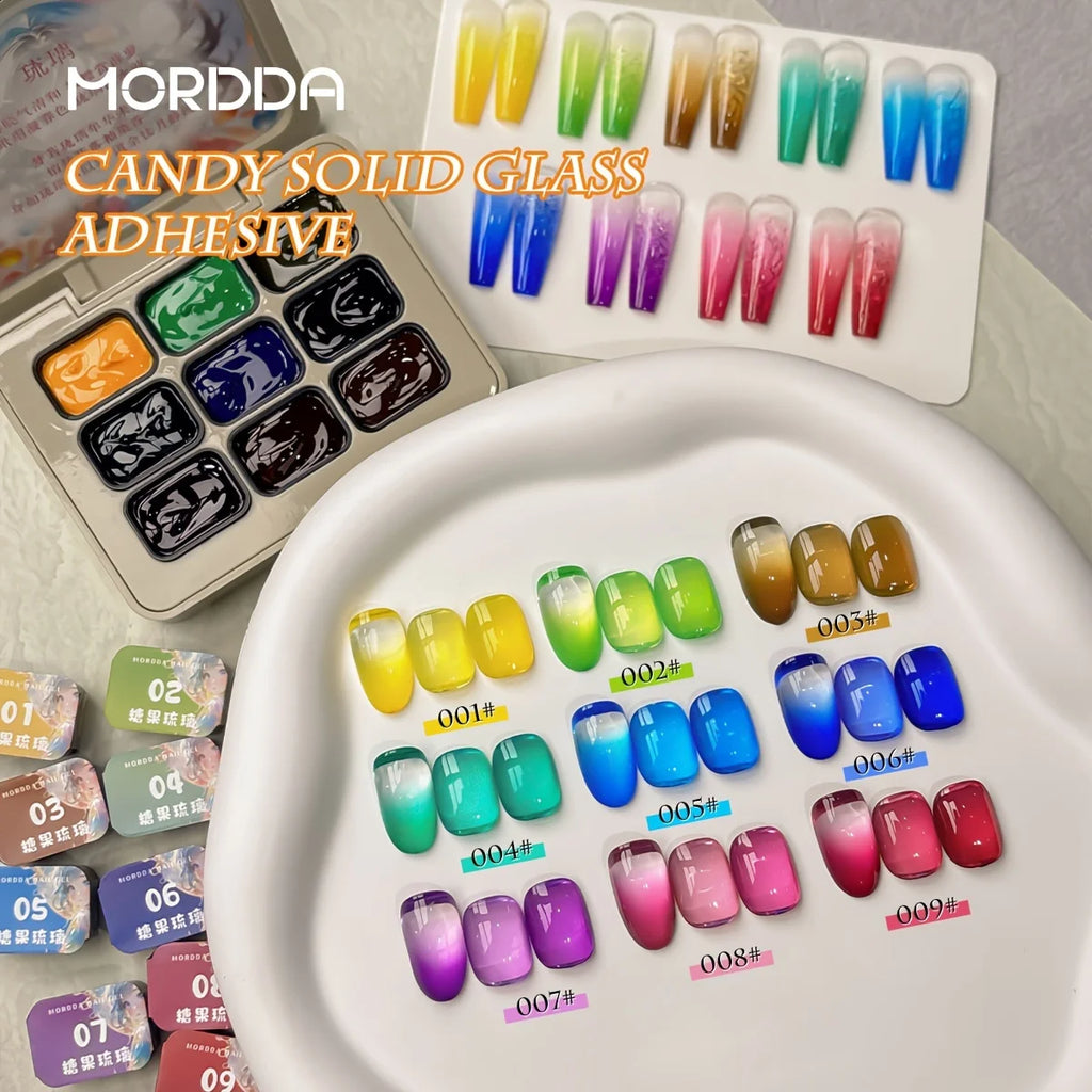 MORDDA 9Pcs Candy Solid Glass Adhesive Patter Glue Smudges Canned High Saturation Popular Semi-Solid Nail Polish