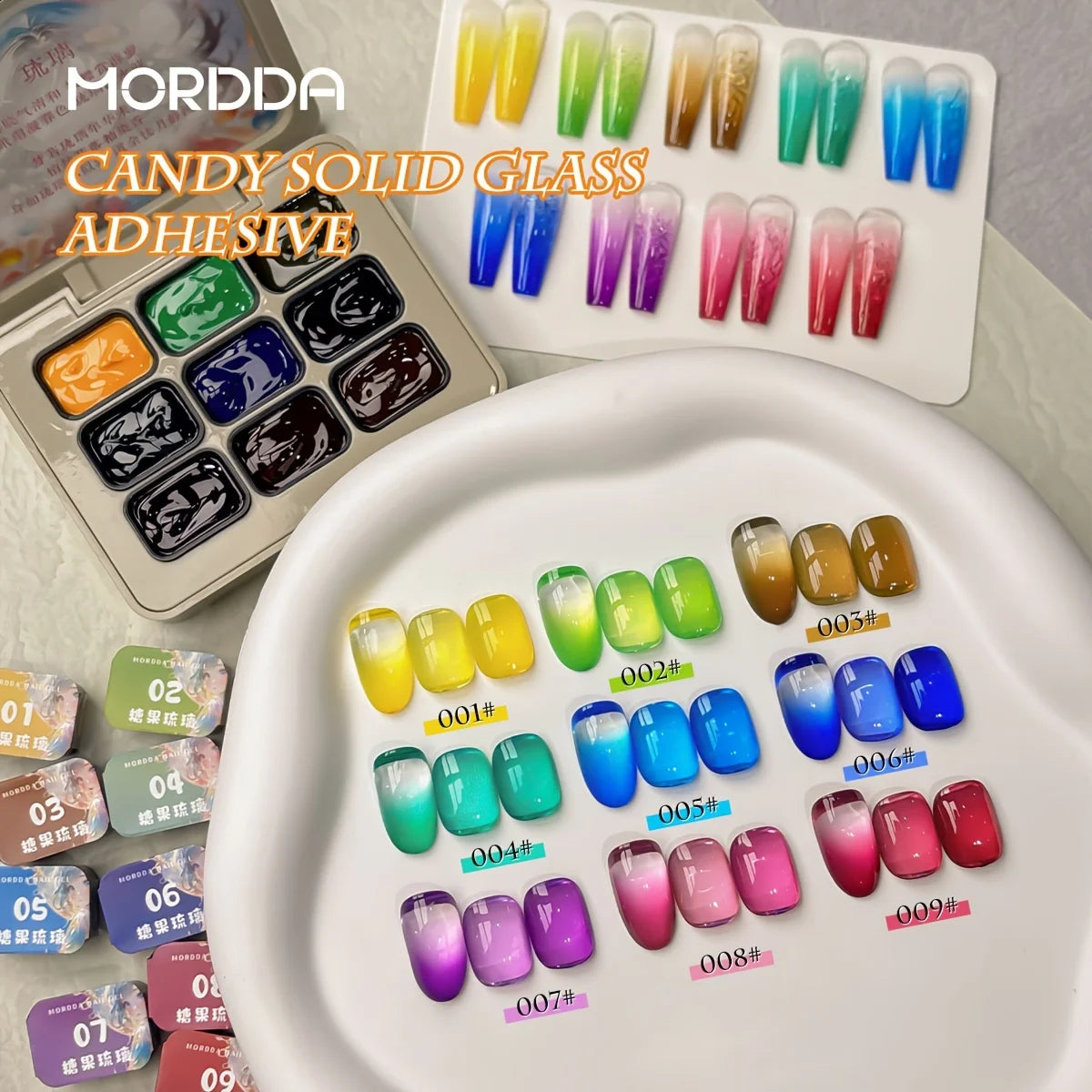 MORDDA 9Pcs Candy Solid Glass Adhesive Patter Glue Smudges Canned High Saturation Popular Semi-Solid Nail Polish