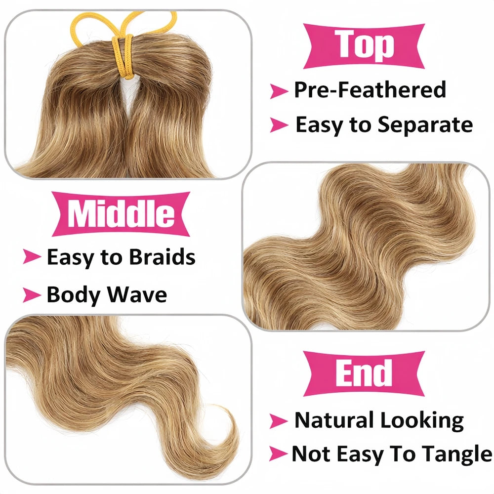 12A Human Crochet Hair Body Wave Bundles Human Hair For Women Knotless Pre-Separated #27 Honey Blonde Feather Crochet Human Hair