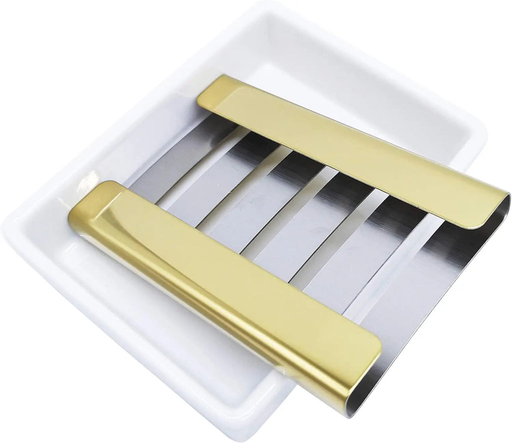 Double Layer Ceramic Soap Dish with Stainless Steel Holder for Shower and Bathroom Drainage