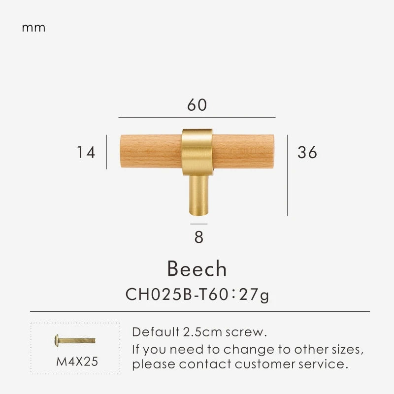Nurlin Brass Natural Walnut Beech Wood Kitchen Furniture Handle American Nordic Style Drawer Wardrobe Pull T Bar