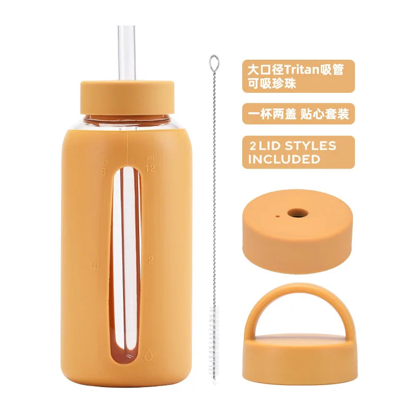 800ml Large Capacity Glass Cup, Double Lids,Silicone Sleeve,Anti-hot Heat Insulation,Outdoor Portable,Graduated Water Bottle,Mug
