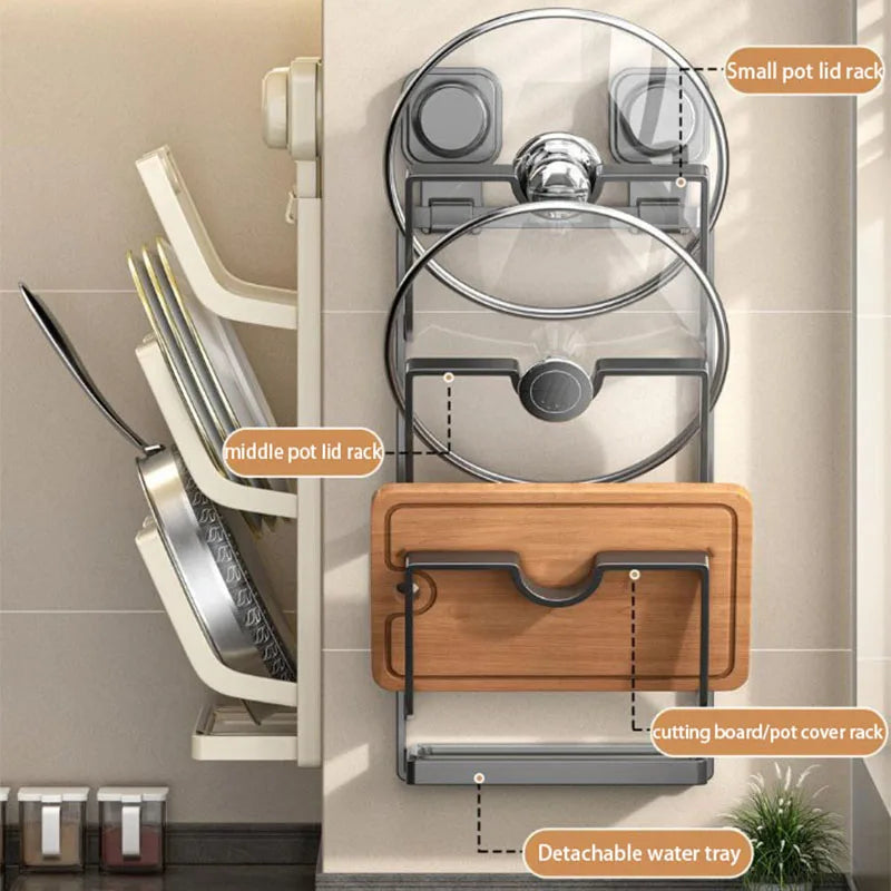 Suction Cup Pot Lid Rack Wall-mounted Punch-free Kitchen Storage Shelf Multi-function Household Storage Cutting Board Rack