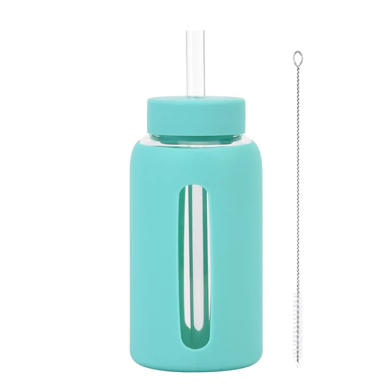 600ml Large Capacity Single-layer Glass Water Bottle with Silicone Sleeve,Time Scale And Straw,Drinkware,Portable Outdoor Cup