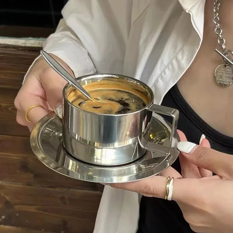 British Style 304 Stainless Steel Coffee Cup Dish Spoon Industrial Style European Three Piece Latte Cup Concentrated Milk