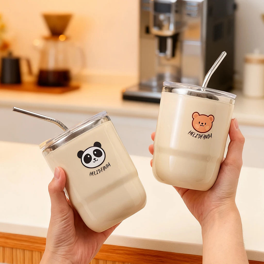 WORTHBUY 304 Stainless Steel Double Wall Insulated Coffee Mug With Straw Portable Cute Leak Proof Drinking Cup Tumbler For Kids