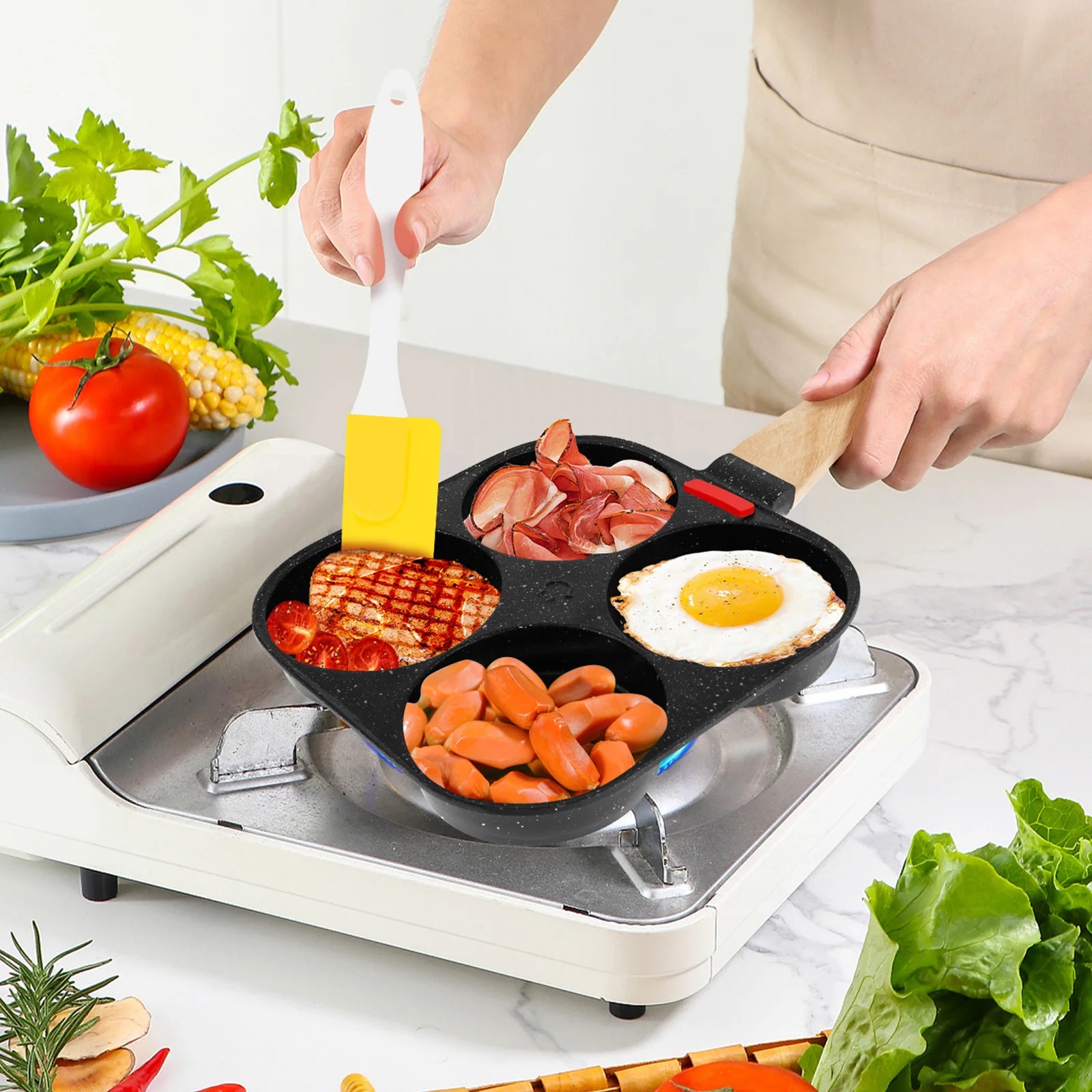 4 Cup Egg Frying Pan Nonslip Omelette Pan Skillet with Oil Brush and Lid Pancake Skillet for Gas Stove Induction Cookware