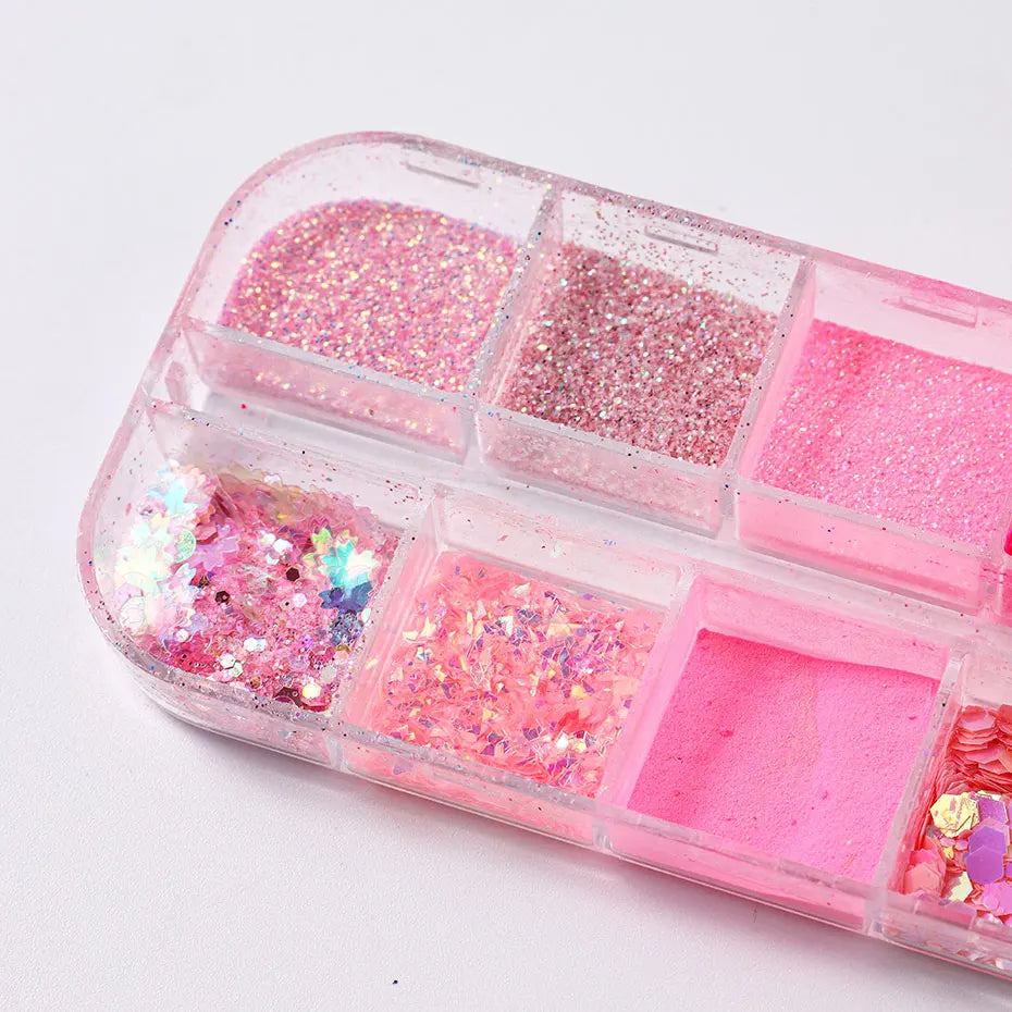 12Grid Pink Glitter Nail Powder Mixed Holographic Hexagon Irregular Flakes Sliced Sparkly Crystal Sequins Pigment Manicure Decor