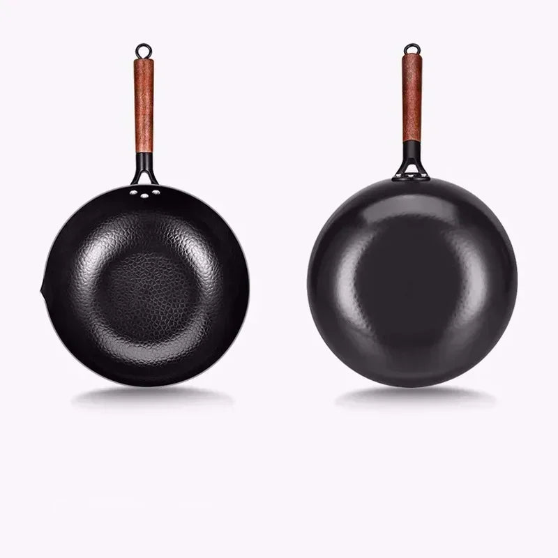 32cm Chinese Traditional Handmade 100% Iron Wok Thickening Non Coated Round Bottom Pan Wok Cook Large Cooking Pot with Wood Lid
