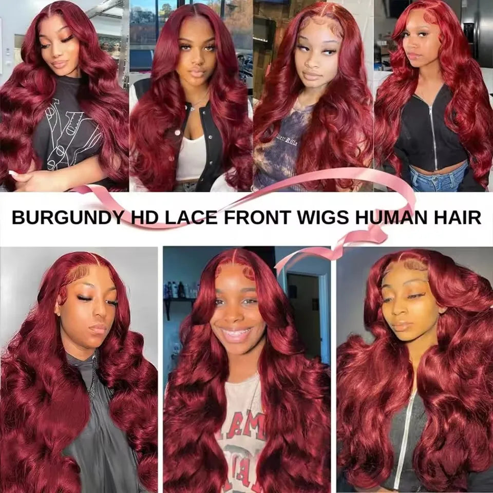 13x6 HD Lace Frontal Human Hair Wig 13x4 Lace Front Wigs Human Hair Brazilian Lace Wigs 99j Body Wave 200 Density Burgundy  5×5